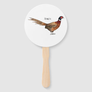 Ring-necked pheasant bird cartoon illustration hand fan