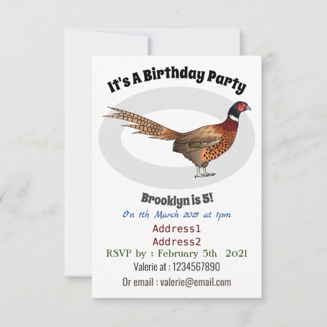 Ring-necked pheasant bird cartoon illustration  invitation (Front)