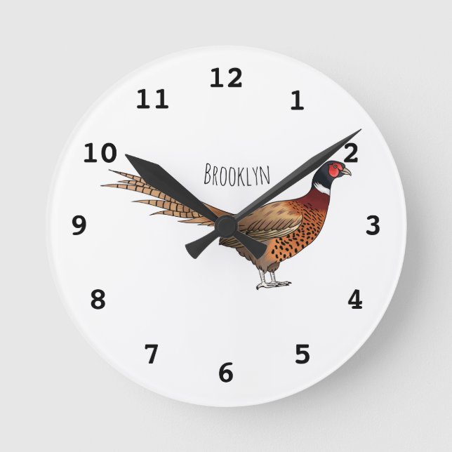 Ring-necked pheasant bird cartoon illustration  round clock (Front)