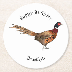 Ring-necked pheasant bird cartoon illustration round paper coaster