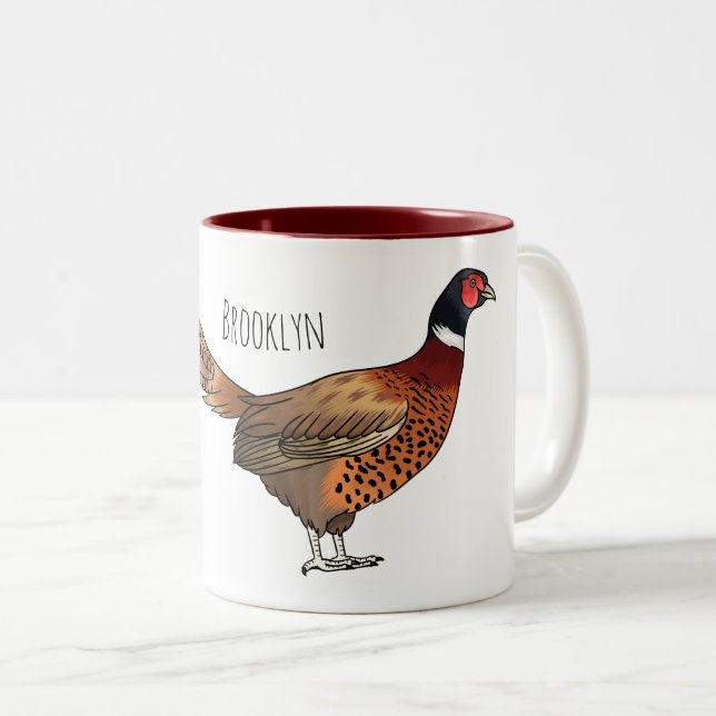 Ring-necked pheasant bird cartoon illustration Two-Tone coffee mug (Front Right)