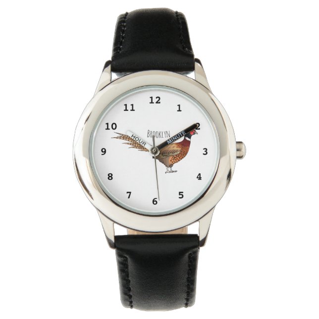Ring-necked pheasant bird cartoon illustration  watch (Front)