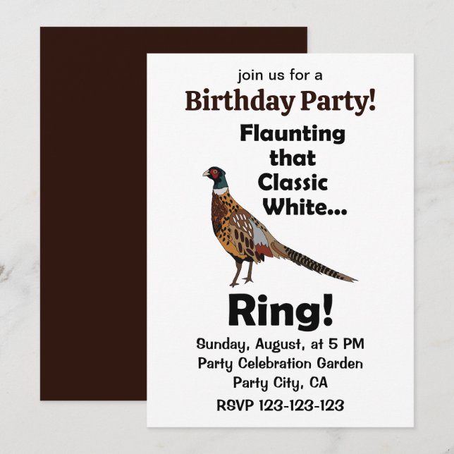 Ring-necked Pheasant Flaunting White Ring Party Invitation (Front/Back)
