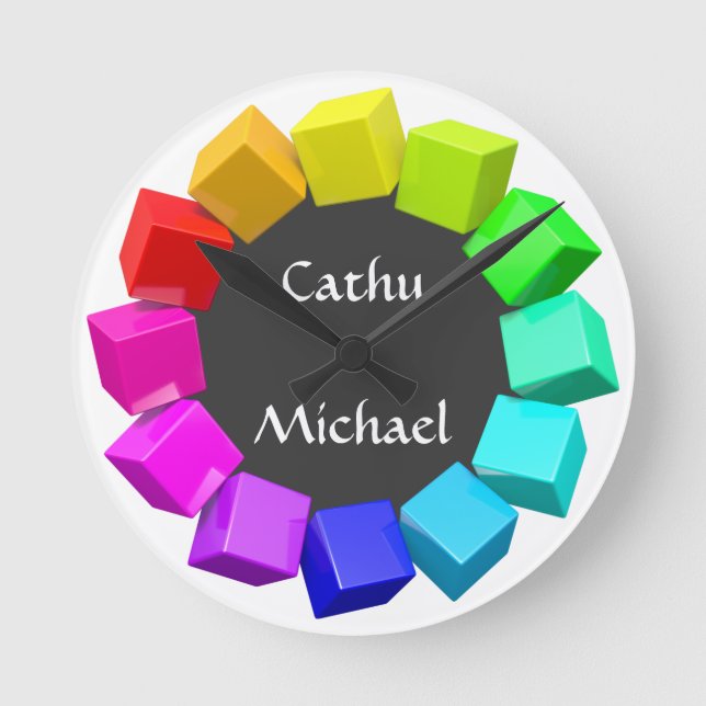 Ring of cubes in rainbow colours round clock (Front)