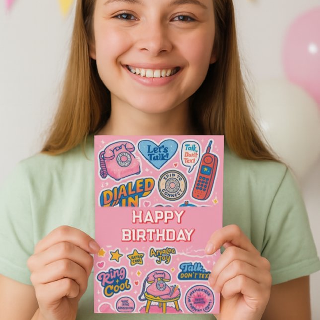 “Ring Ring! Girls Happy Birthday  Card (Teen girl smiling and holding pink retro birthday card with vintage phones, speech bubbles,)