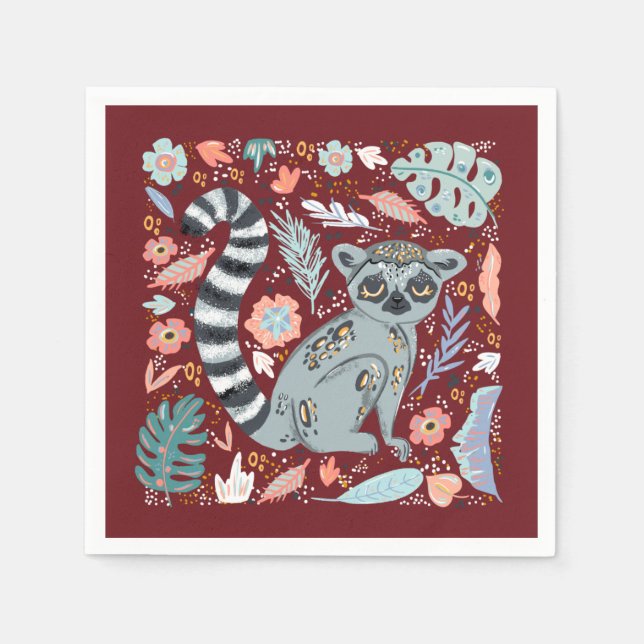 Ring Tailed Lemur Cute Floral Napkin (Front)