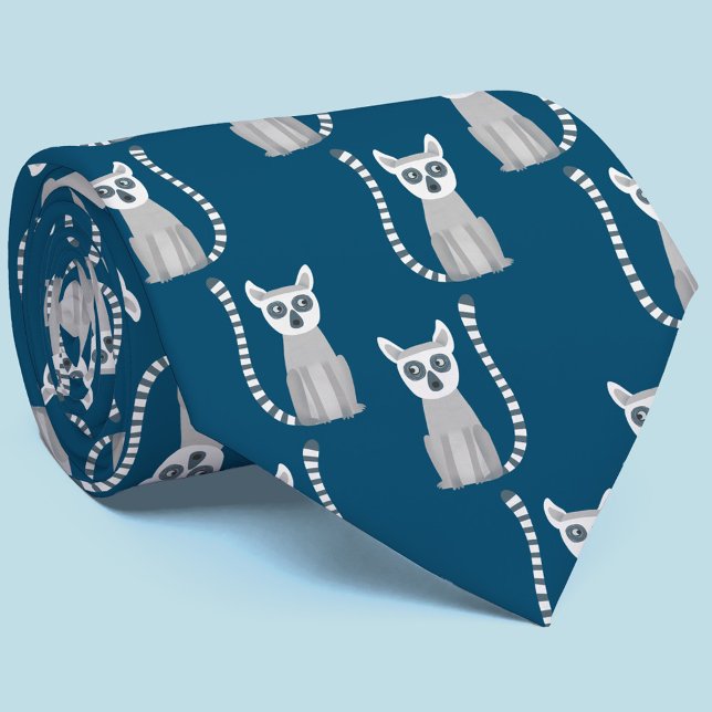 Ring Tailed Lemur Tie (Fun ring tailed lemur pattern teal green neck tie)