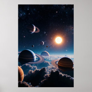 Ringed Worlds Above the Clouds – Cosmic Planetary Poster