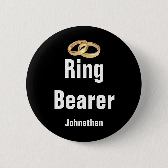 Ringer Bearer Name and Two Faux Gold Wedding Rings 6 Cm Round Badge (Front)