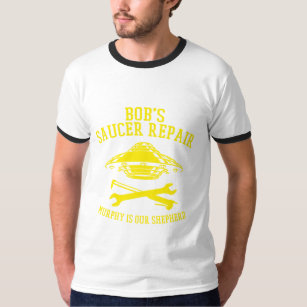 Ringer tshirt with yellow Bob's Saucer Repair logo