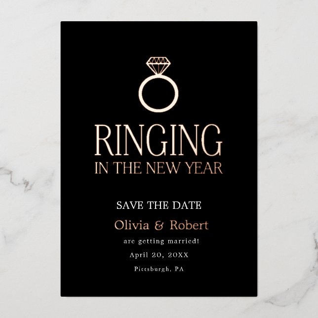 Ringing in the New Year Save the Date Foil Holiday Card (Front)