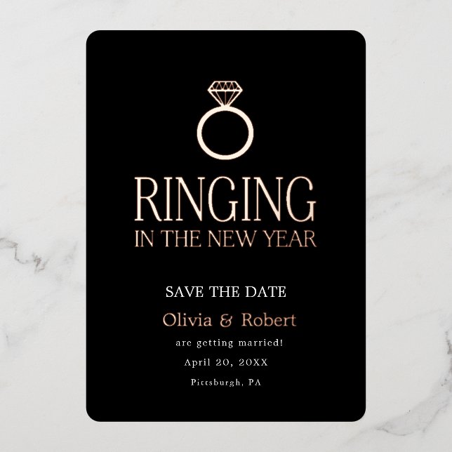 Ringing in the New Year Save the Date with Photo Foil Holiday Card (Front)