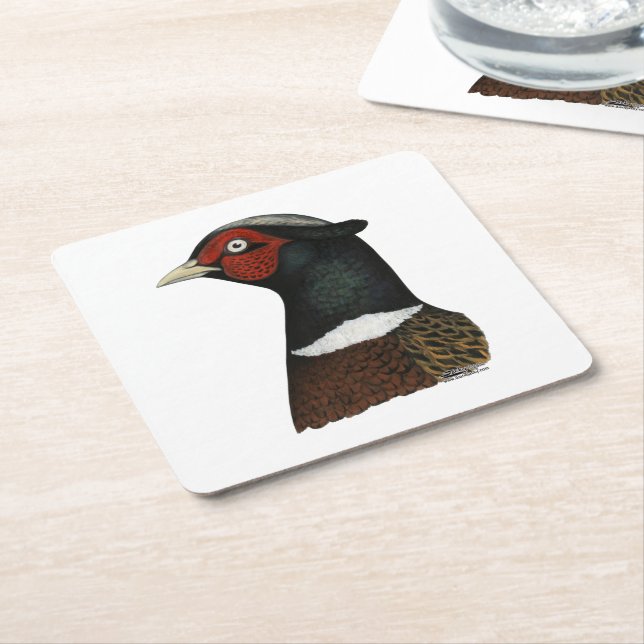Ringneck Pheasant Head Square Paper Coaster (Angled)