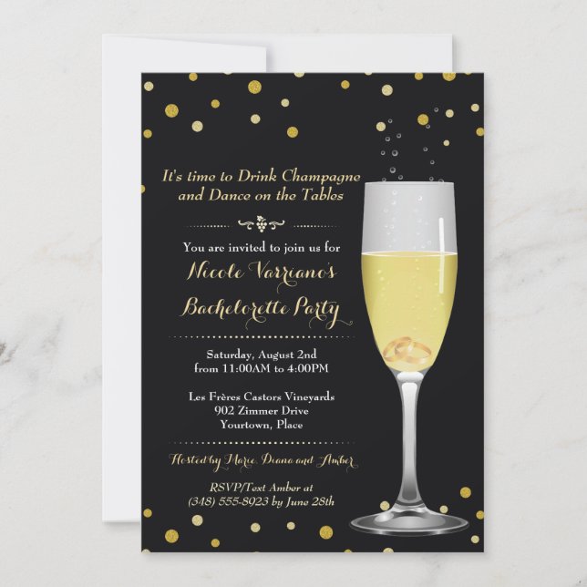 Rings in Champagne Glass Gold Glitter Bachelorette Invitation (Front)