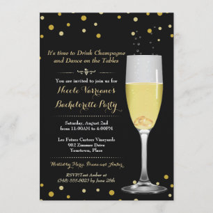 Rings in Champagne Glass Gold Glitter Bachelorette Invitation