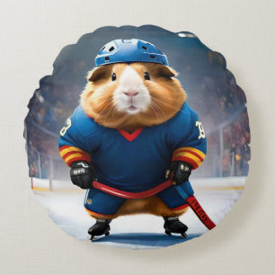"Rink Rookie: The Ice Hockey Guinea Pig" Round Cushion