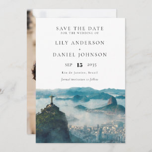 Rio de Janeiro Skyline Watercolor Photo Wedding Save The Date