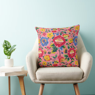 Riotous Pink Chinoierie Peony Floral Throw Pillow