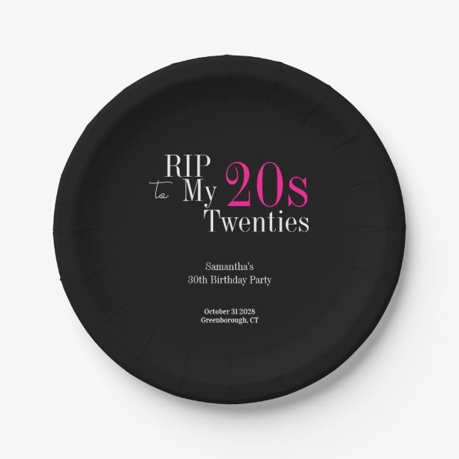 RIP 20s 30th Birthday Party Black Pink Paper Plate (Front)