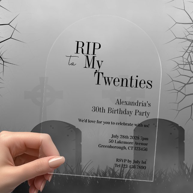 RIP 20s 30th Birthday Party Black Typography Acrylic Invitations (Creator Uploaded)