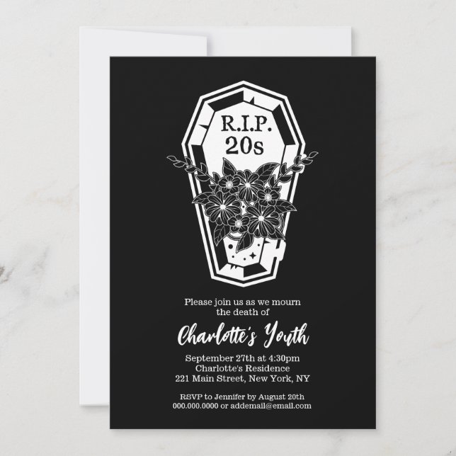Rip 20s Floral Coffin Death Youth 30th Birthday Invitation (Front)
