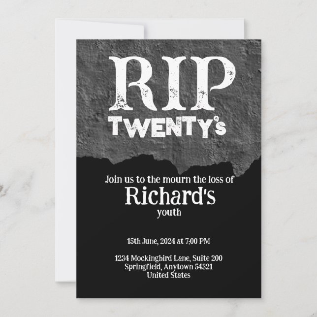 Rip 20's funny black 30th birthday invitation (Front)