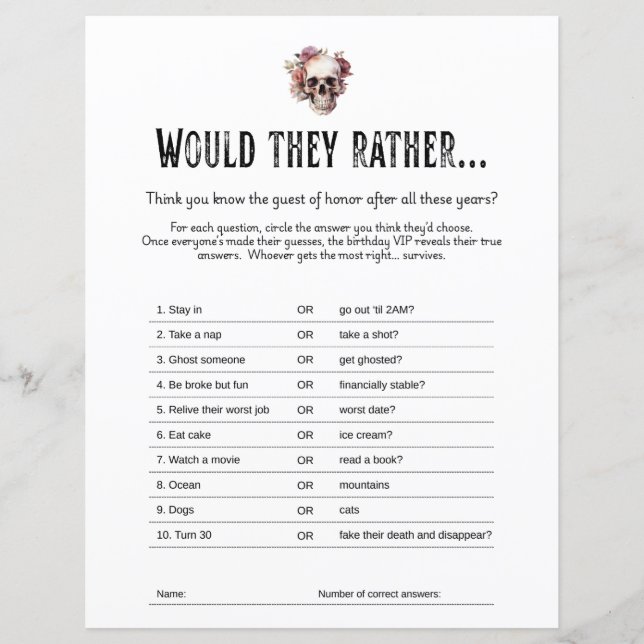 RIP 20s Party Game, Would They Rather game sheet (Front)