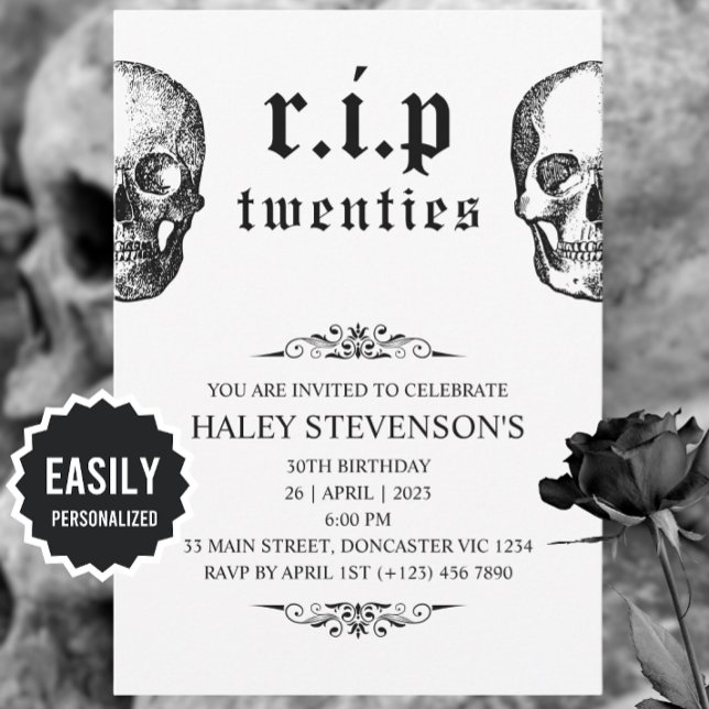 RIP 20s Twenties Funny Funeral Skull 30th Birthday Invitation (Creator Uploaded)