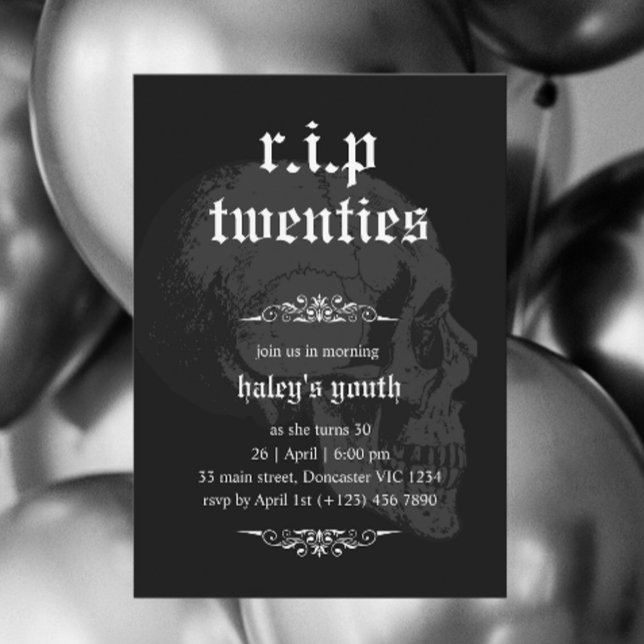 RIP 20s Twenties Goth Skull Funeral 30th Birthday Invitation (Creator Uploaded)