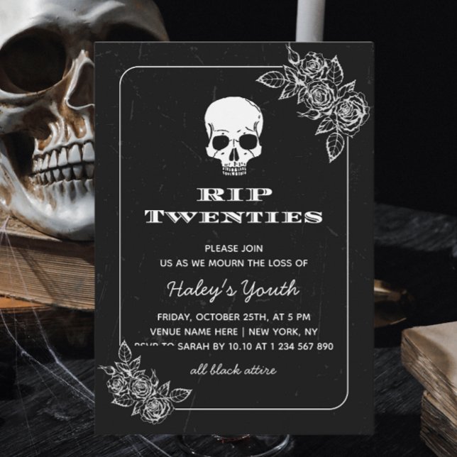 RIP 20s Twenties Skull Floral Black 30th Birthday Invitation (Creator Uploaded)