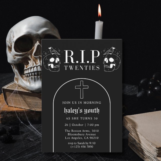 RIP 20s Twenties Spooky Black Skull 30th Birthday Invitation (Creator Uploaded)