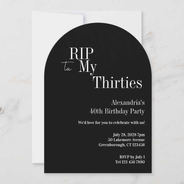 RIP 30s 40th Birthday Black and White Party Invitation (Front)
