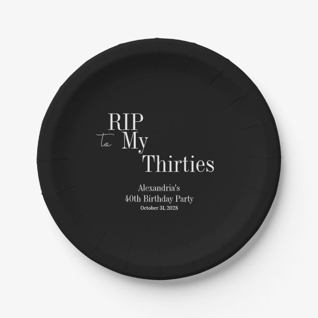 RIP 30s 40th Birthday Party Black and White Paper Plate (Front)
