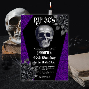 RIP 30s Gothic Purple Skull Floral 40th Birthday Invitation