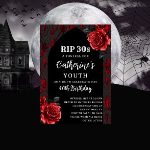 RIP 30s Gothic Red Roses Funeral 40th Birthday Invitation