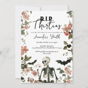 RIP 30s Skeleton Pink Floral 40th Birthday Party Invitation