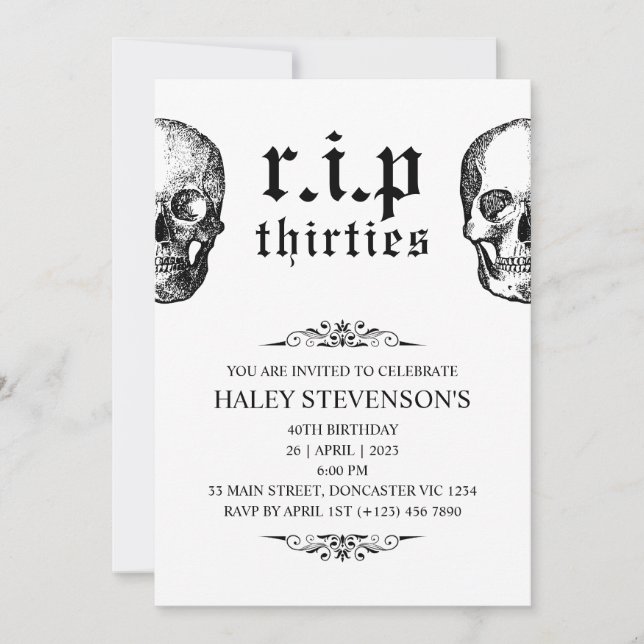 RIP 30s Twenties Funny Funeral Skull 40th Birthday Invitation (Front)
