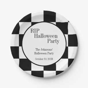 RIP Halloween Black and White Check Party Paper Plate