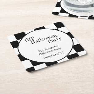 RIP Halloween Black and White Check Party Square Paper Coaster