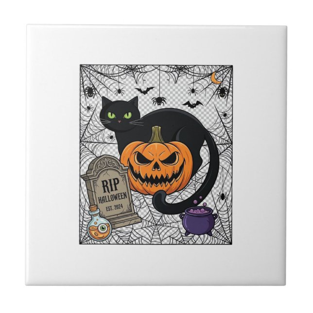 Rip Halloween Black Cat Pumpkin Tombstone Cauldron Ceramic Tile (Front)