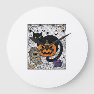Rip Halloween Black Cat Pumpkin Tombstone Cauldron Large Clock