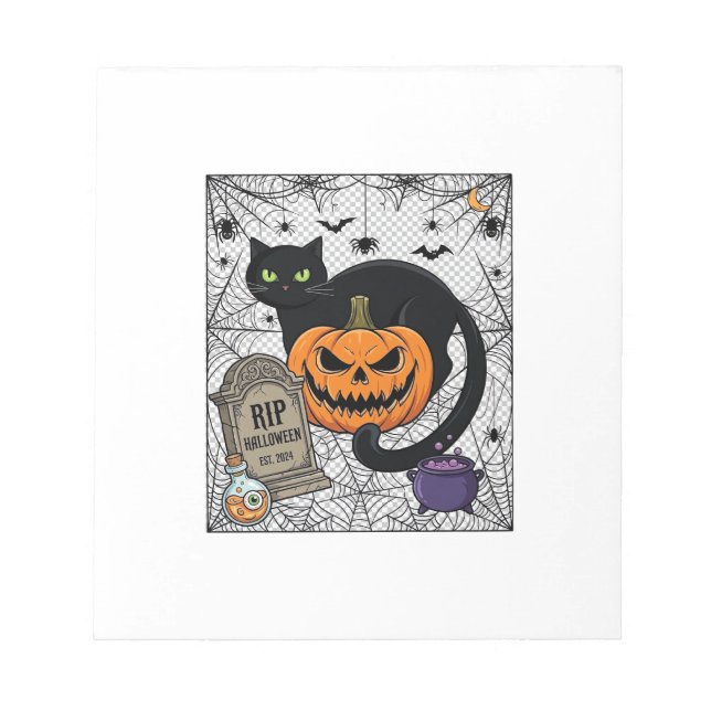 Rip Halloween Black Cat Pumpkin Tombstone Cauldron Notepad (Front)