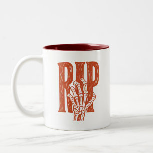 RIP Skeleton Hand Halloween Linocut Design Two-Tone Coffee Mug
