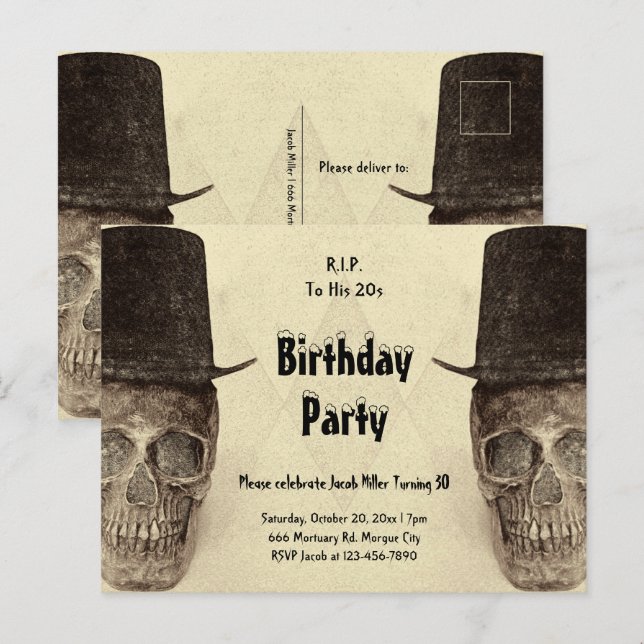 RIP To His 20s Skull Top Hat Sepia Vintage Invitation Postcard (Front/Back)