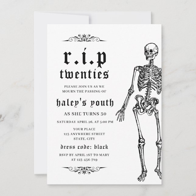 RIP Twenties 20s Funny Skeleton 30th Birthday Invitation (Front)
