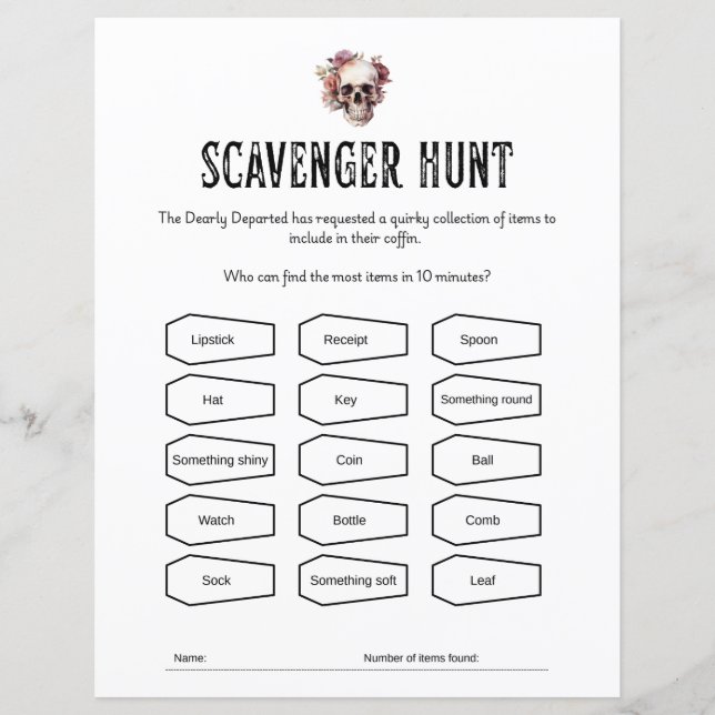 RIP Youth Scavenger Hunt party game sheet (Front)