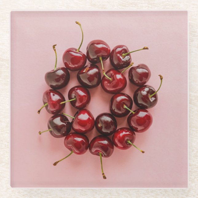 Ripe Cherries Pink Square Glass Coaster (Front)