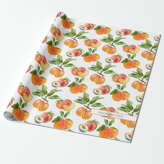 Ripe Peaches, Apricots and Plums Fruit Pattern Wrapping Paper (Unrolled)