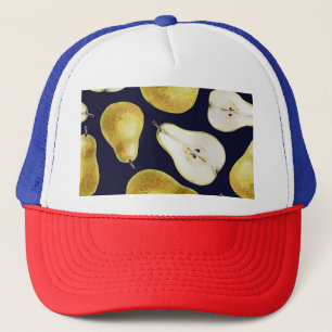 Ripe pear, black background, garden art trucker hat