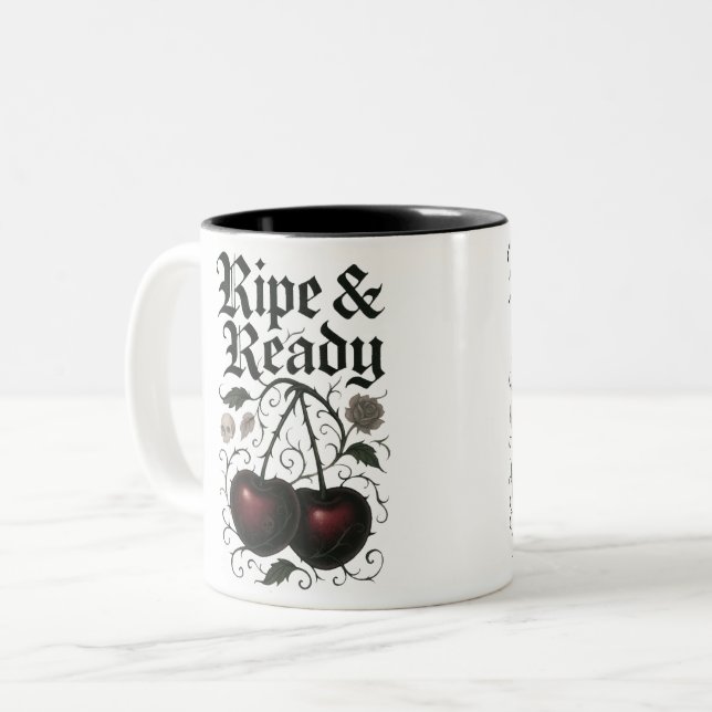 Ripe & Ready Cherries Gothic Graphic Two-Tone Coffee Mug (Front Left)